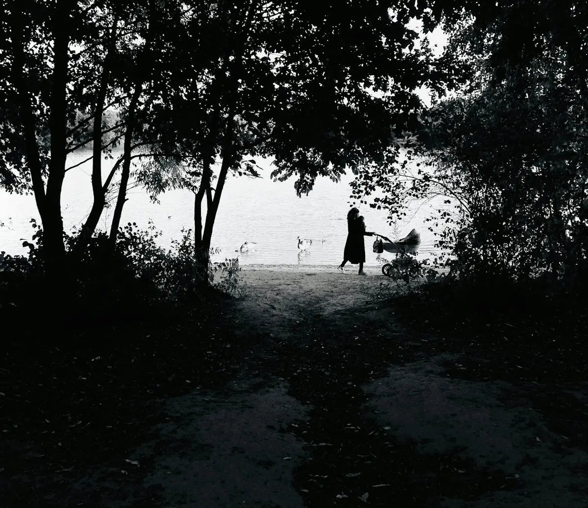 a person walking on a path by a body of water