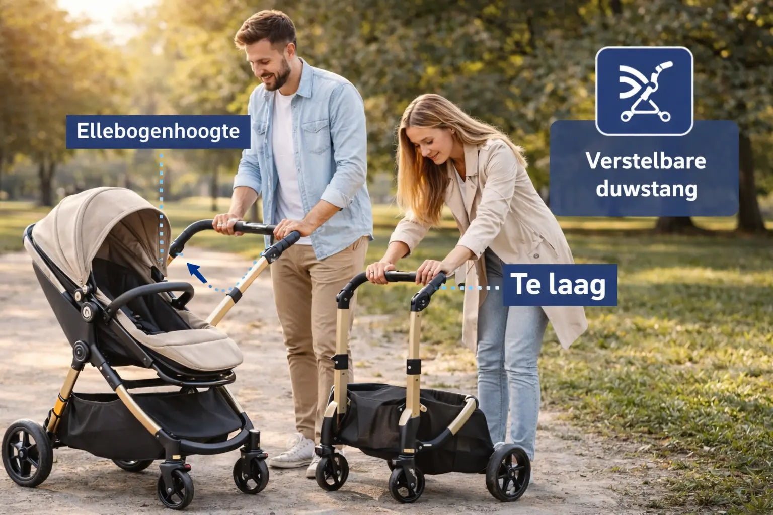 Duwstanghoogte kinderwagen en ergonomie voor ouders Movebaby