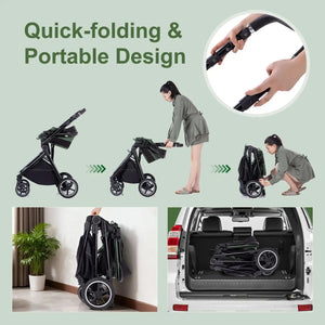 Movebaby™ 3-in-1 Kinderwagen Set met ISOFIX Base – Compact Opvouwbaar met Autostoel – Geschikt vanaf Geboorte