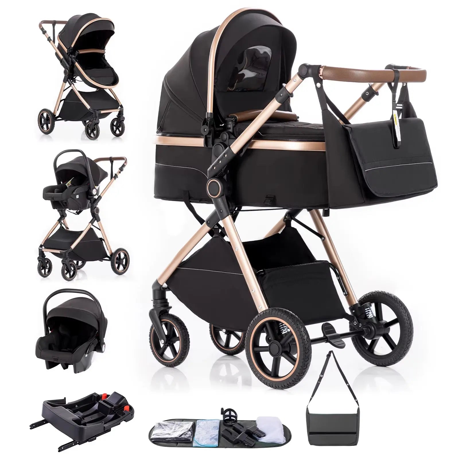Movebaby™ 3-in-1 Kinderwagen Set met ISOFIX Base – Compact Opvouwbaar met Autostoel – Geschikt vanaf Geboorte
